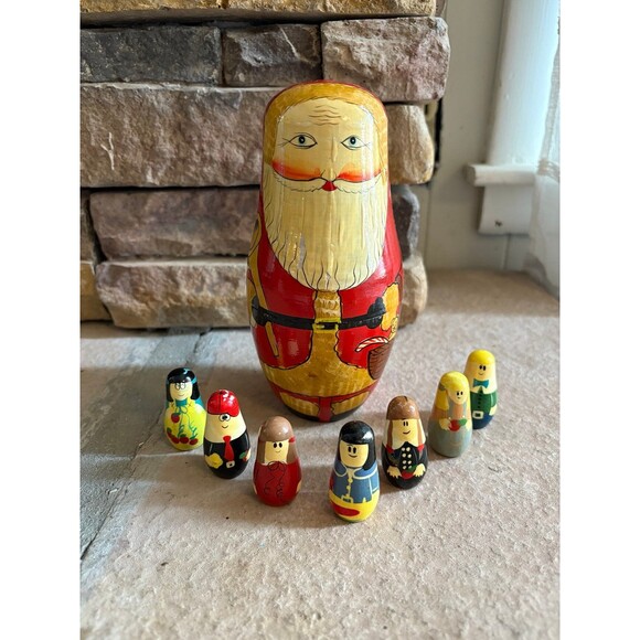 Vintage Russian Wooden Folk Art Hand Painted Nesting Santa with Children - Picture 1 of 10